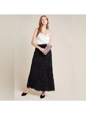 ANTHROPOLOGIE Sundays In Brooklyn Chantal Feathered Maxi Skirt NWT Size S Black